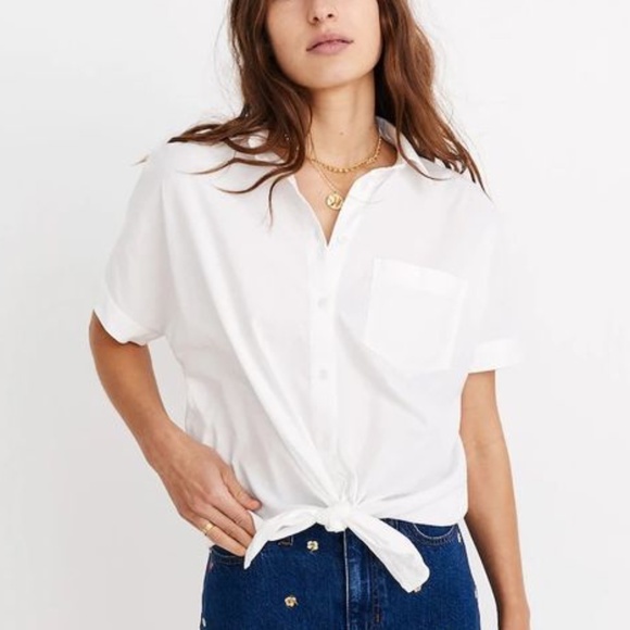 Madewell short sleeve tie front button down shirt in white - Picture 1 of 14